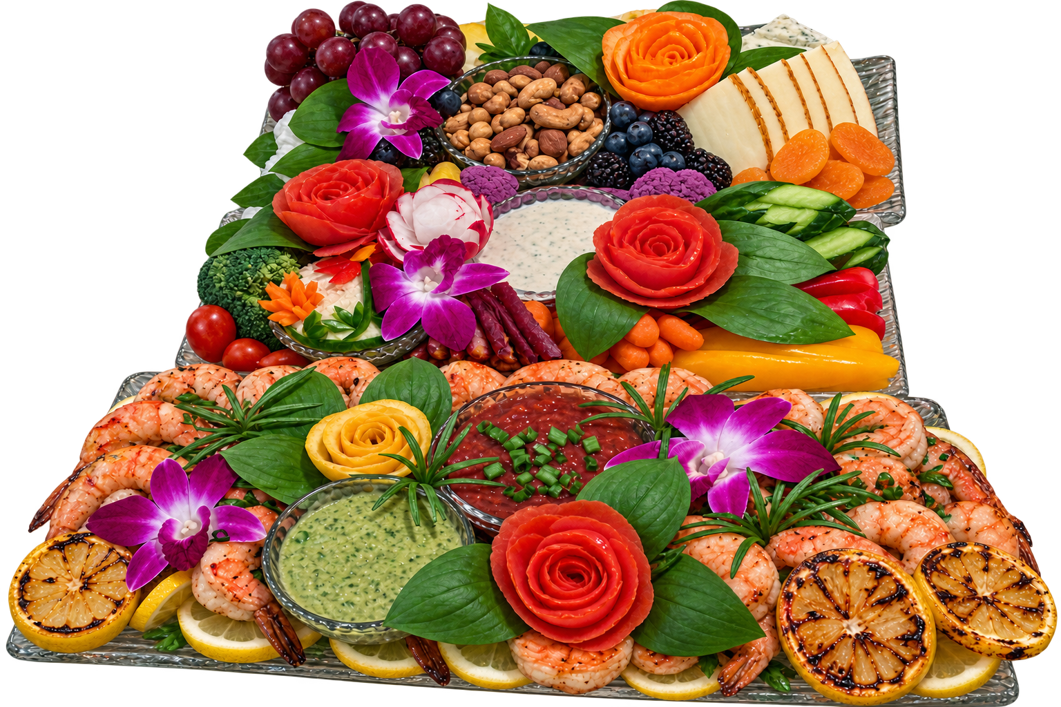 Stevie’s shrimp, cheese, fruit and vegetable catering platters